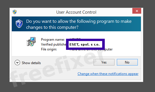 Screenshot where ESET, spol. s r.o. appears as the verified publisher in the UAC dialog